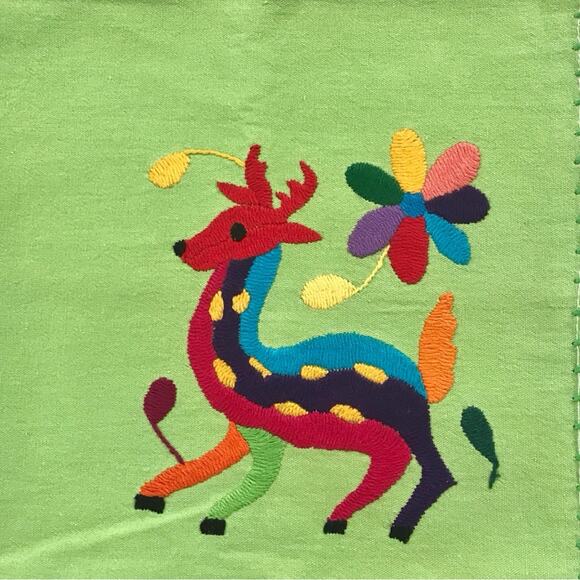 Otomi Napkins 4 Hand Embroidered Set Tenangos Green Deer Mermaid Duck & Fish - Picture 8 of 11